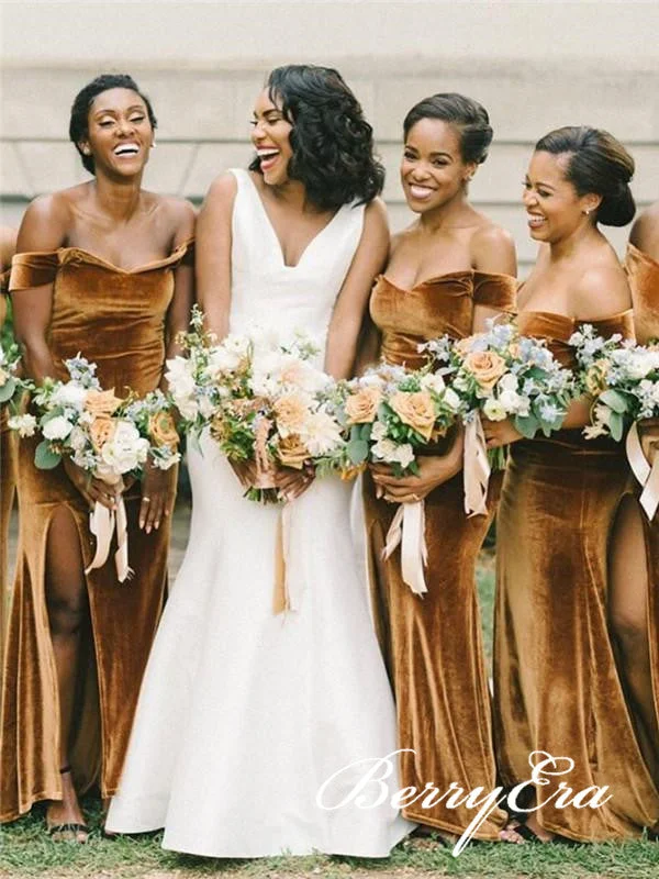 Score Big Savings Today!Off Shoulder Long Mermaid Side Slit Velvet Bridesmaid Dresses, Long Cheap Bridesmaid Dresses