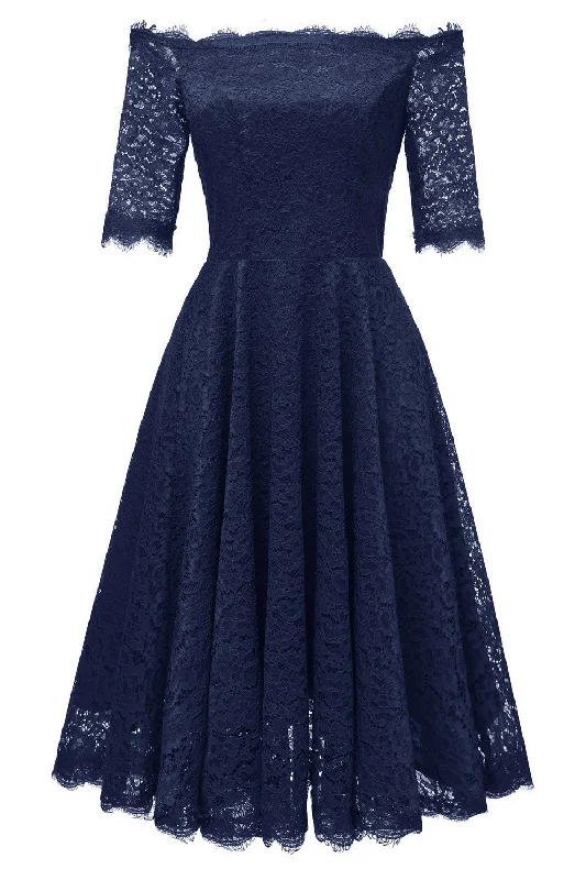 Incredible Savings Inside!Off-the-shoulder Dark Blue Bridesmaid Wedding Guest Dress with Sleeves