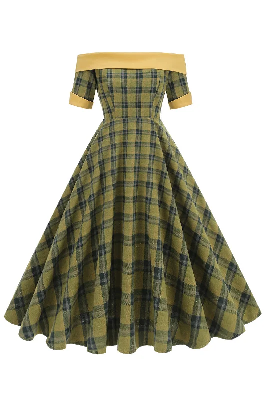 Shop the Hottest Deals!Off The Shoulder Green Grid Vintage 1950s Dress