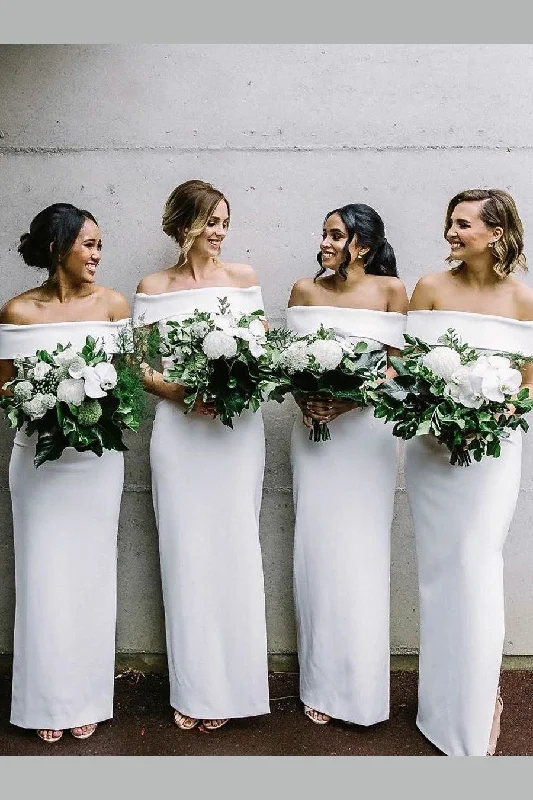 One Day Only – Huge Savings!Off-the-shoulder White Long Bridesmaid Dresses for Adults