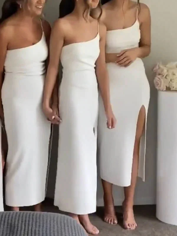 Don’t Wait – Deals Won’t Last!Off White One Shoulder Slit Simple Custom Elegant Long Simple Bridesmaid Dresses BD222