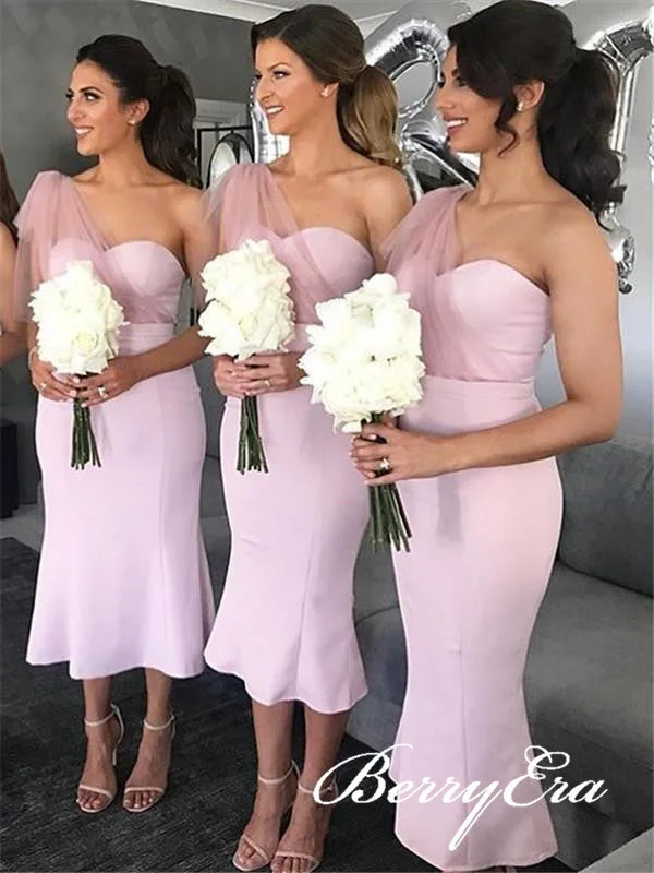 Savings You Can’t Ignore!One Shoulder Long Mermaid Pink Bridesmaid Dresses, Lovely Bridesmaid Dresses, Cheap Bridesmaid Dresses