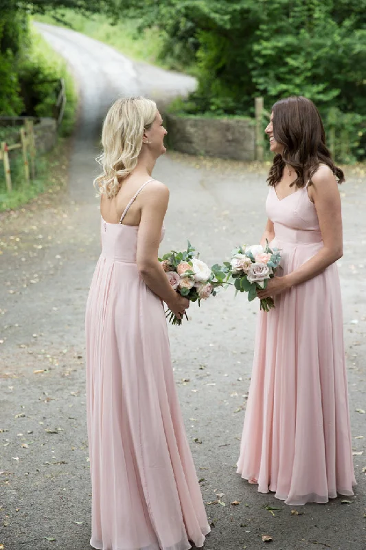 Get More, Spend Less – Shop Now!Pale Pink Chiffon Bridesmaid Dresses with Double Straps