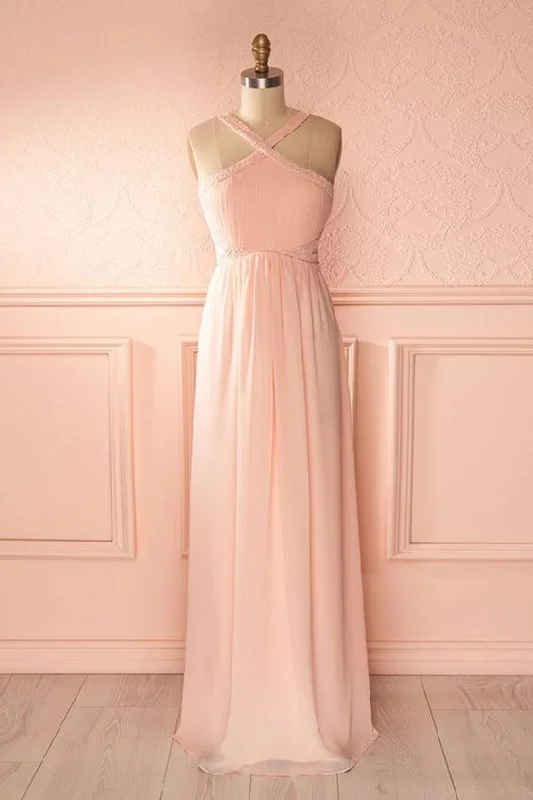 Shop Before It’s Gone!Pink chiffon V neck strapless long sweet 16 prom dress, long open back bridesmaid dress  cg7087