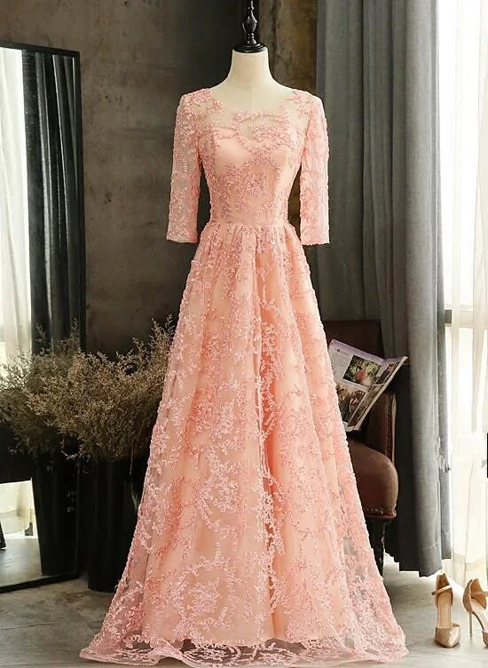 Shop Today, Save Tomorrow!Pink Lace A-Line Short Sleeves Bridesmaid Dress, Pink Long Party prom Dresses   cg11436