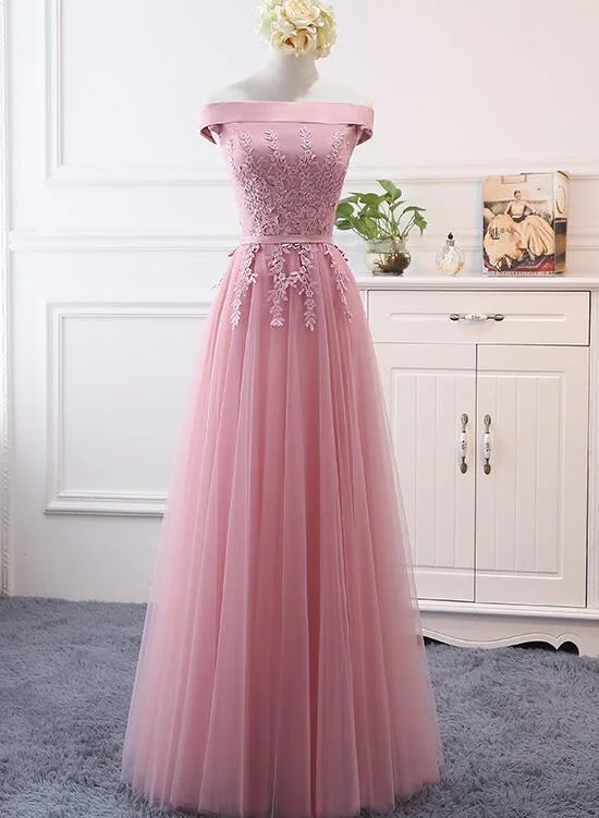 Save More with Every Purchase!Pink Off Shoulder A-Line Tulle Floor Length Bridesmaid Dress, Pink Prom Dress   cg13426