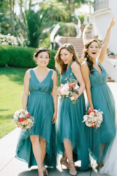 Score Huge Discounts Today!Pleated Teal Hi-lo Bridesmaid Dresses with Tulle Skirt