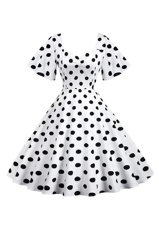 Limited Time Offer!Polka Dots White Vintage Dress with Short Sleeves