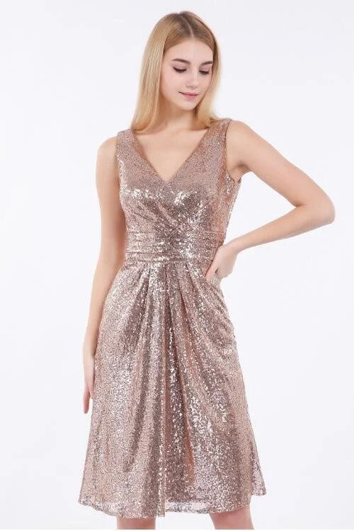 Exclusive Deals Just for You!Rose Gold Sequin Short Bridesmaid Dress V-neckline
