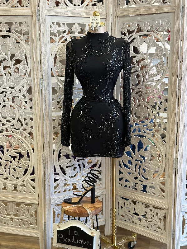 Score Huge Discounts Today!Sequin Black Mesh Mini Dress- Stretchy, Estira