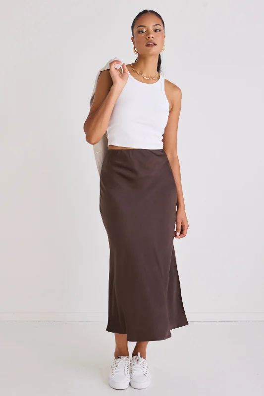 Every Deal is a Steal!Serpentine Espresso Satin Side Split Bias Midi Skirt