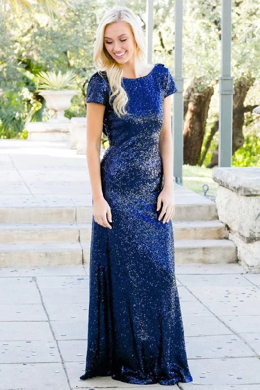 Great Deals, Just for You!Short Sleeves Blue Sequin Bridesmaid Dresses With Draped Back