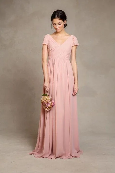 Buy One, Get One Free!Short Sleeves Pink Chiffon Bridesmaid Dress V-neckline