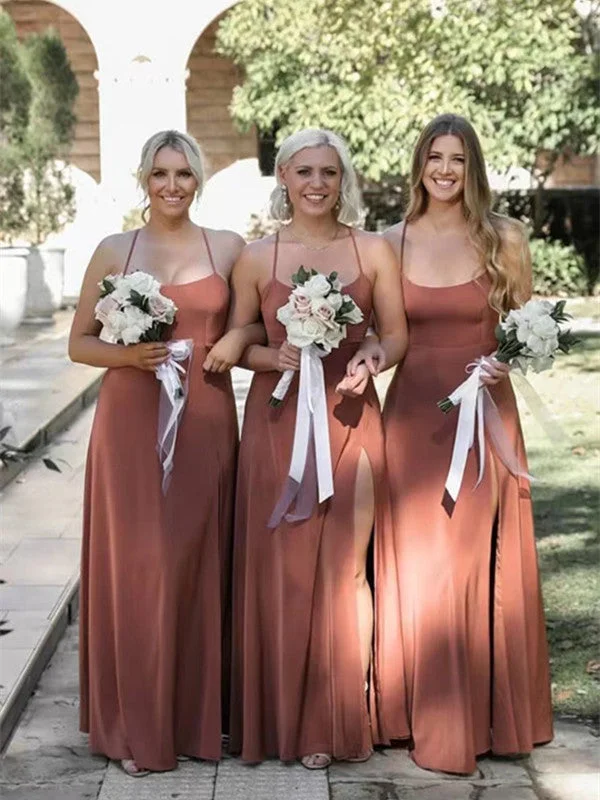 Time to Save Big!Side Slit Wedding Bridesmaid Dresses, Spaghetti Straps Bridal Party Dresses, Long Prom Dresses