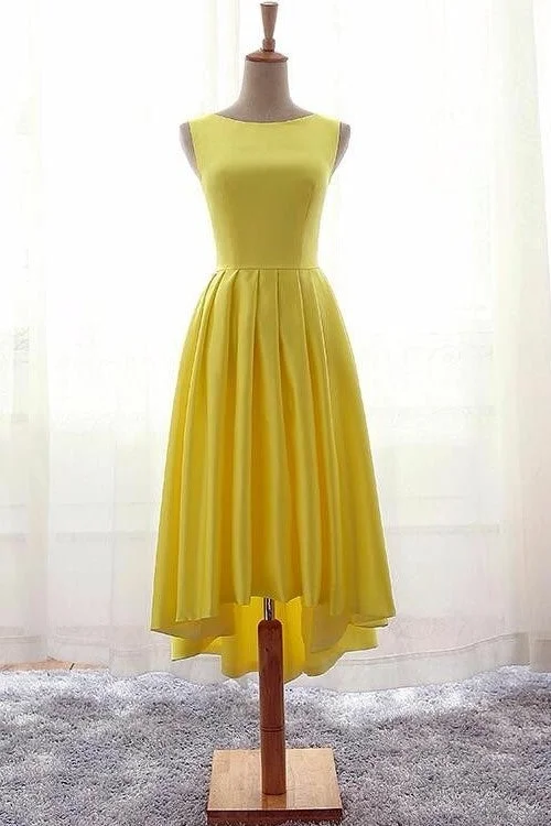 Hottest Discounts of the Year!Sleeveless Satin Yellow Bridesmaid Dresses High Low Skirt