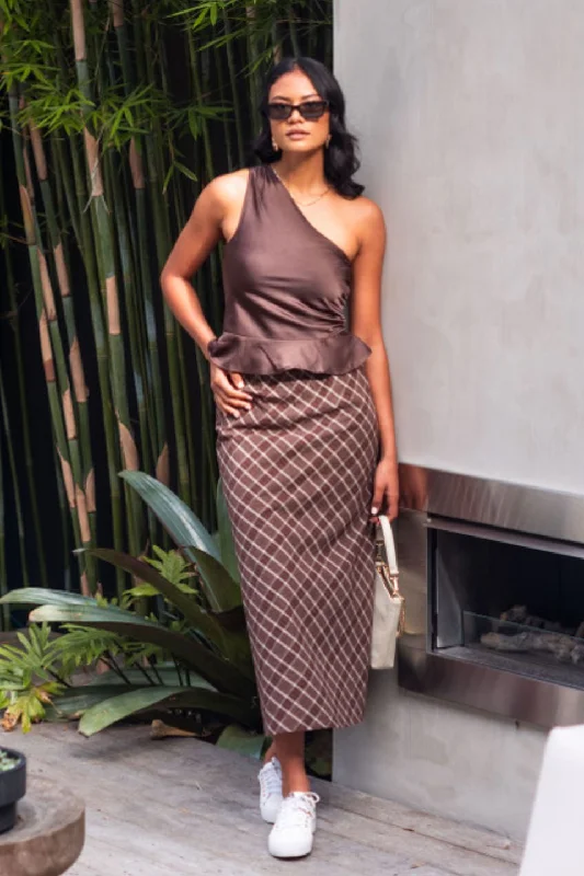 Best Price of the Season!Soulmate Chocolate Check Bias Cut Midi Skirt