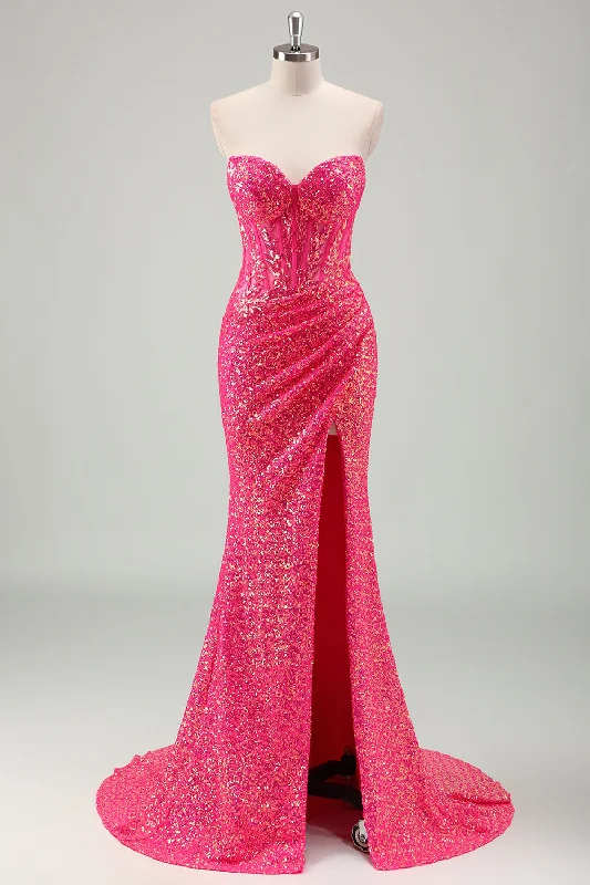 Must-Have Deals Inside!Sparkly Fuchsia Mermaid Strapless Corset Sequins Long Prom Dress with Slit