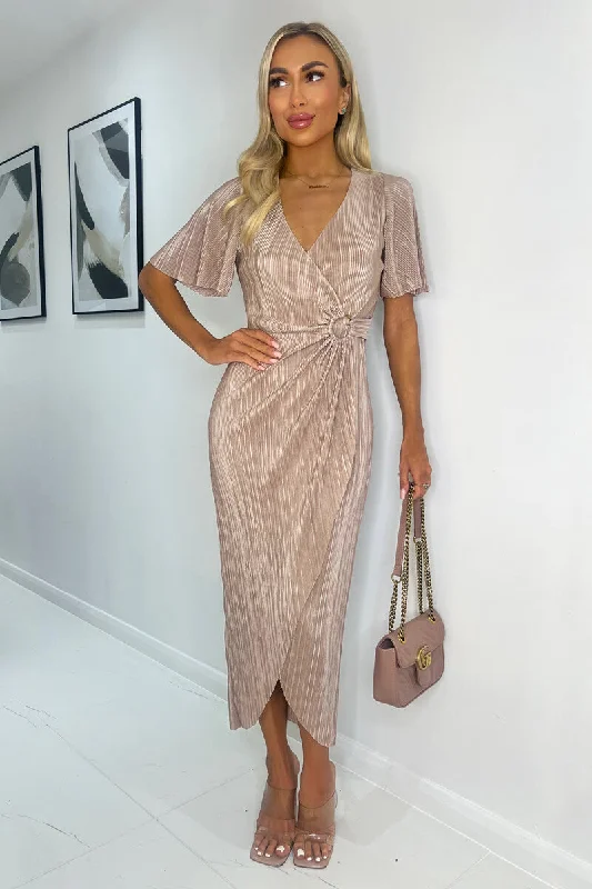 Get the Best for Less!Taupe Short Sleeve Plisse Wrap Midi Dress