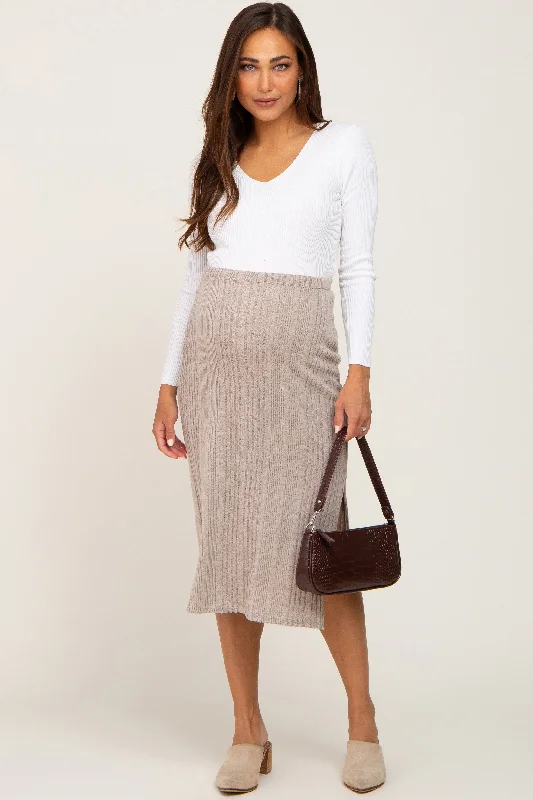 Only a Few Left – Order Now!Taupe Soft Knit Ribbed Side Slit Maternity Midi Skirt