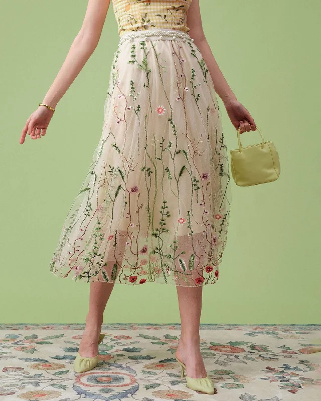 Lowest Prices Guaranteed!The High Waisted Floral Embroidery A-line Midi Skirt