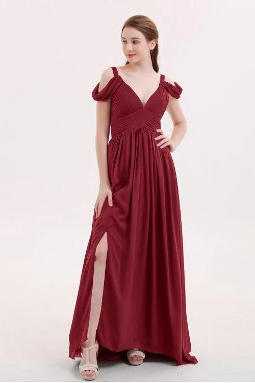 Huge Price Cuts Await!Unique Off-the-shoulder Burgundy Bridesmaid Gowns Long Chiffon Skirt