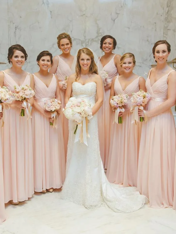 The Best Deals Won’t Wait!V-neck Blush Pink Chiffon A-line Bridesmaid Dresses