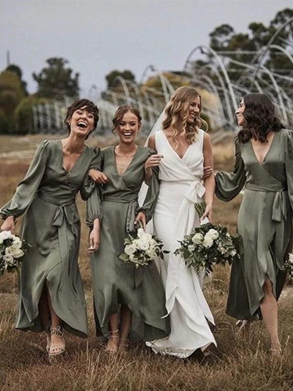 Time to Save Big!V-neck Long Sleeves Bridesmaid Dresses, 2020 Popular Bridesmaid Dresses, Wedding Guest Dresses