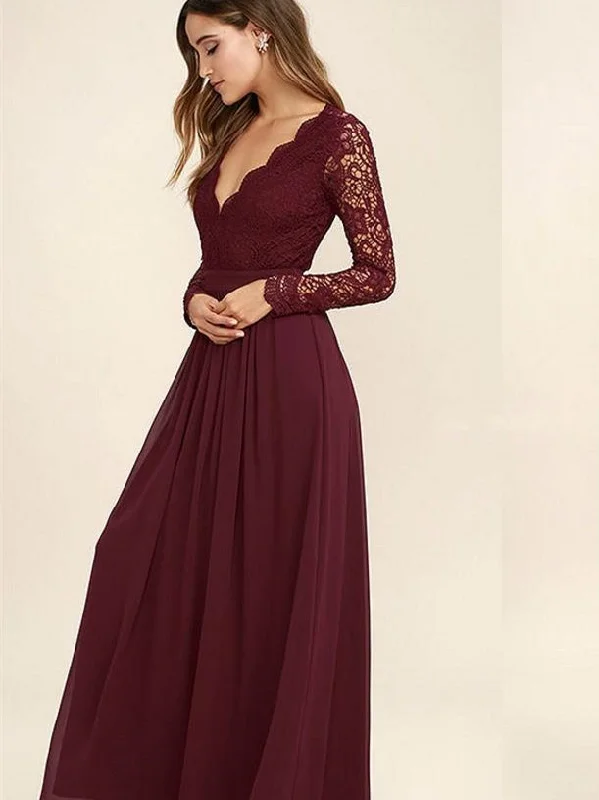 Grab Yours Before It’s Too Late!V-neck Long Sleeves Lace Chiffon Bridesmaid Dresses, Cheap Bridesmaid Dresses