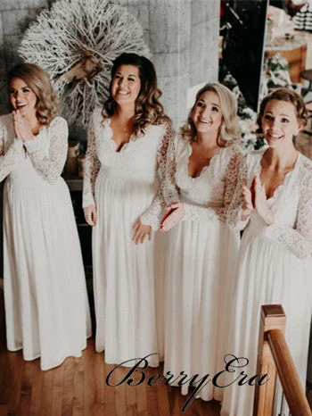 Get It Before It’s Gone!V-neck Long Sleeves Lace Chiffon Bridesmaid Dresses, Open Back Bridesmaid Dresses
