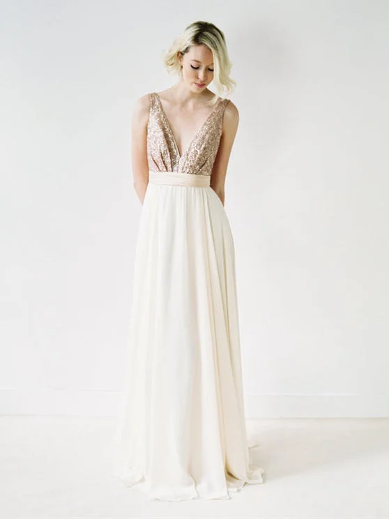 Your Dream Deal is Here!V-neck Sequin Top Bridesmaid Dresses, Chiffon Bridesmaid Dresses, Long Bridesmaid Dresses