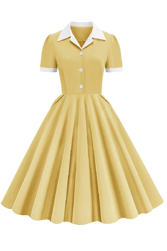 Find Your Perfect Deal Today!V Neck Yellow Vintage Dress with Button