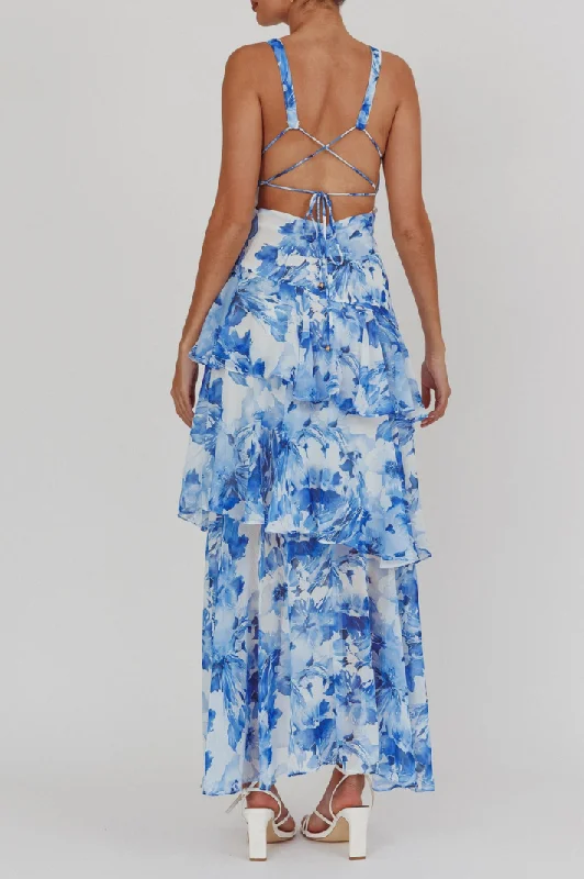 Limited Deals, Unlimited Savings!VASA BACK CUT-OUT MAXI DRESS - White Blue Floral