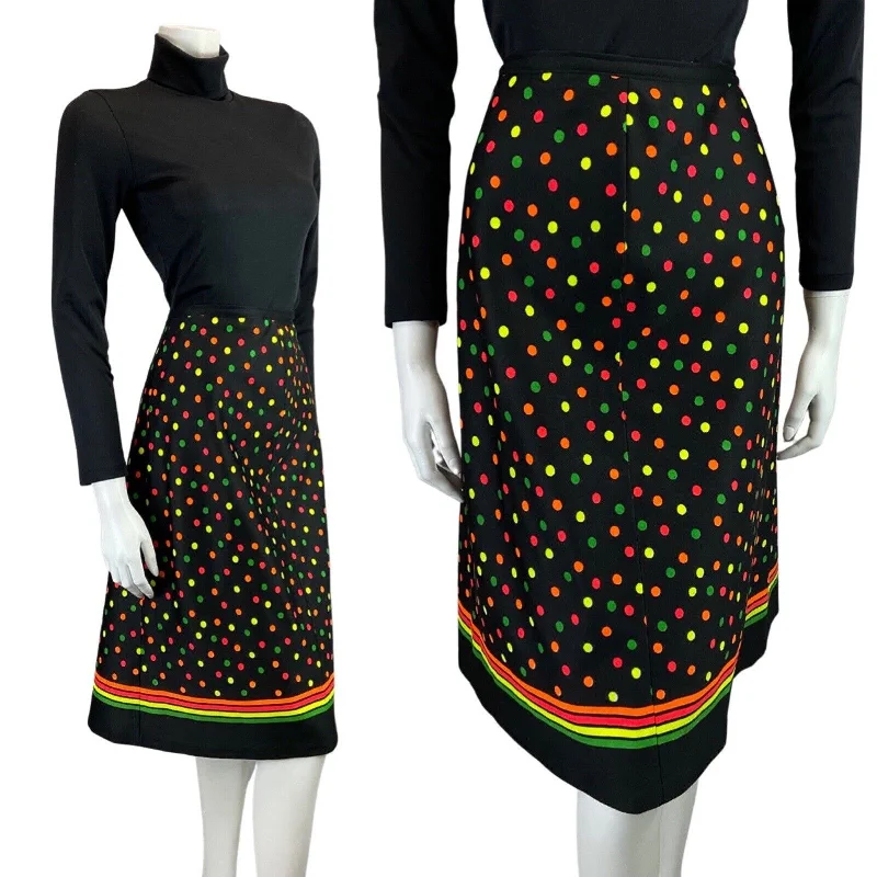 Special Discounts Inside!VINTAGE 60s 70s BLACK NEON GREEN ORANGE DOTTY SPOTTED MOD MIDI SKIRT 8