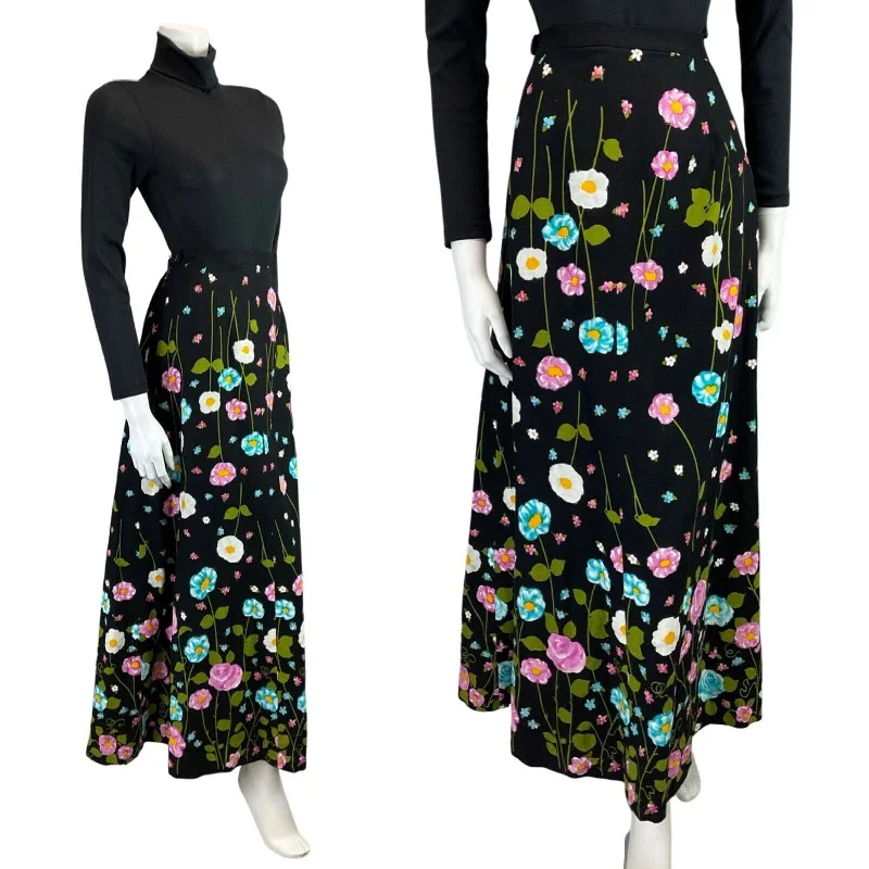 Your Chance to Save is Now!VINTAGE 60s 70s BLACK PINK BLUE FLORAL MOD DAISY ROSE MAXI SKIRT 8 10