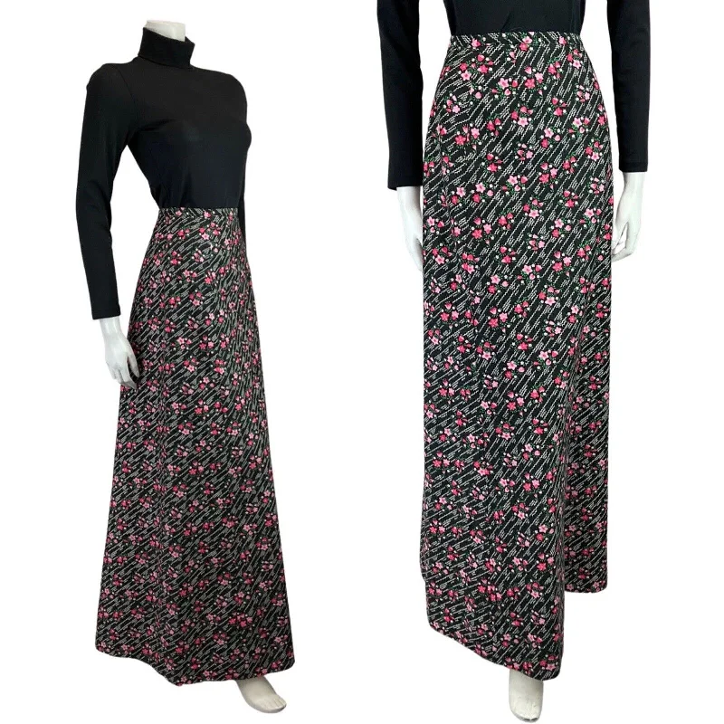Get the Best for Less!VINTAGE 60s 70s BLACK WHITE PINK ZIG-ZAG FLORAL DAISY MOD BOHO MAXI SKIRT 8 10
