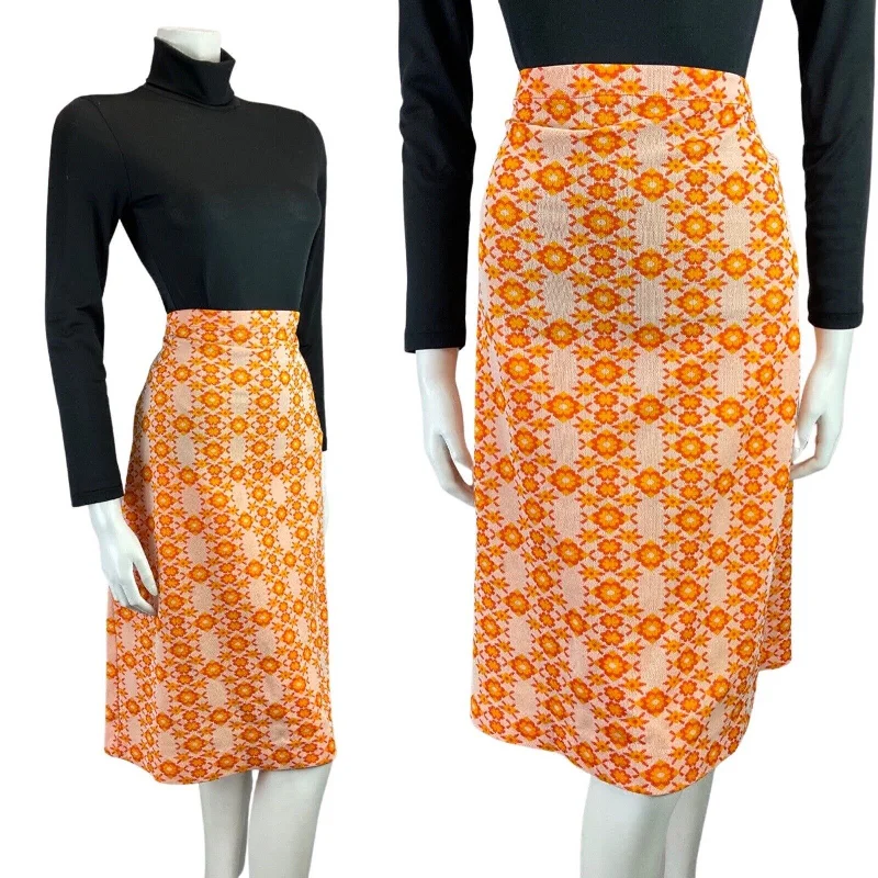 Shop Now and Save!VINTAGE 60s 70s ORANGE WHITE FLOWER POWER DAISY MOD MIDI KNEE-LENGTH SKIRT 8 10