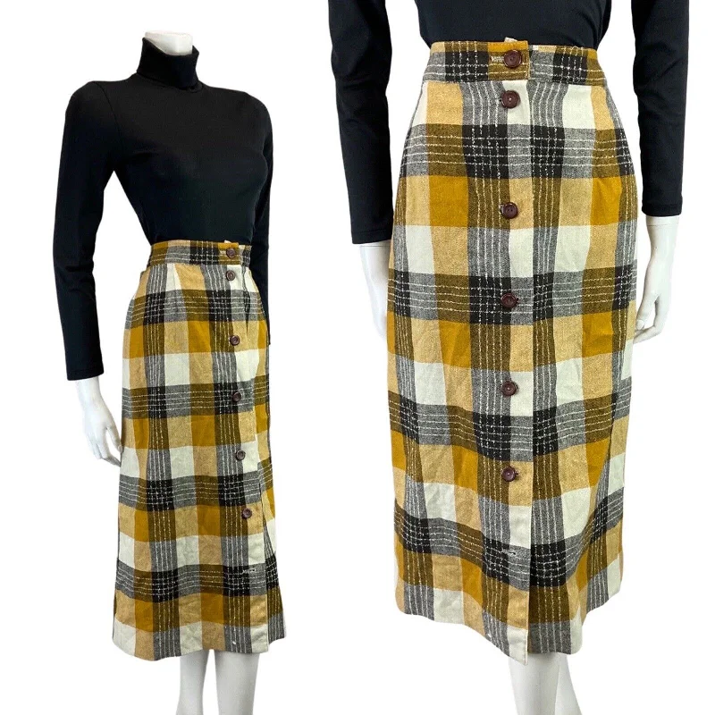 Huge Price Cuts Await!VINTAGE 60s 70s YELLOW BLACK WHITE CHECKED MOD WOOL KNEE-LENGTH SKIRT 12 14