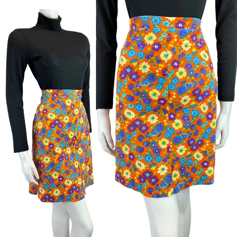 Time to Snag a Bargain!VINTAGE 60s 90s ORANGE BLUE PURPLE DAISY FLOWER MOD RIBBED SHORT SKIRT 8 10