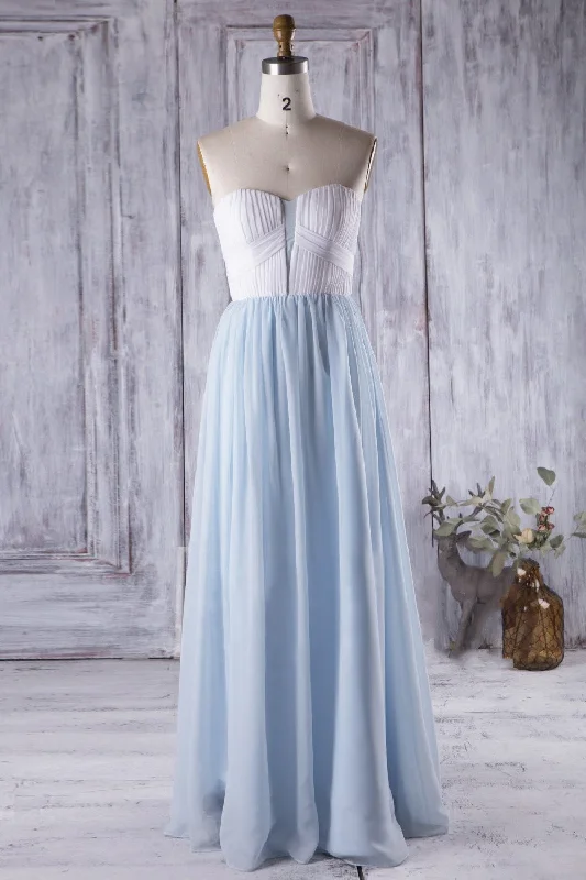 Steals and Deals Await!White&Blue Chiffon Long Bridesmaid Gown for Beach Weddings