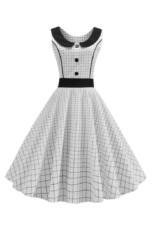Unbeatable Prices!White Sleeveless Plaid 1950s Dress with Button
