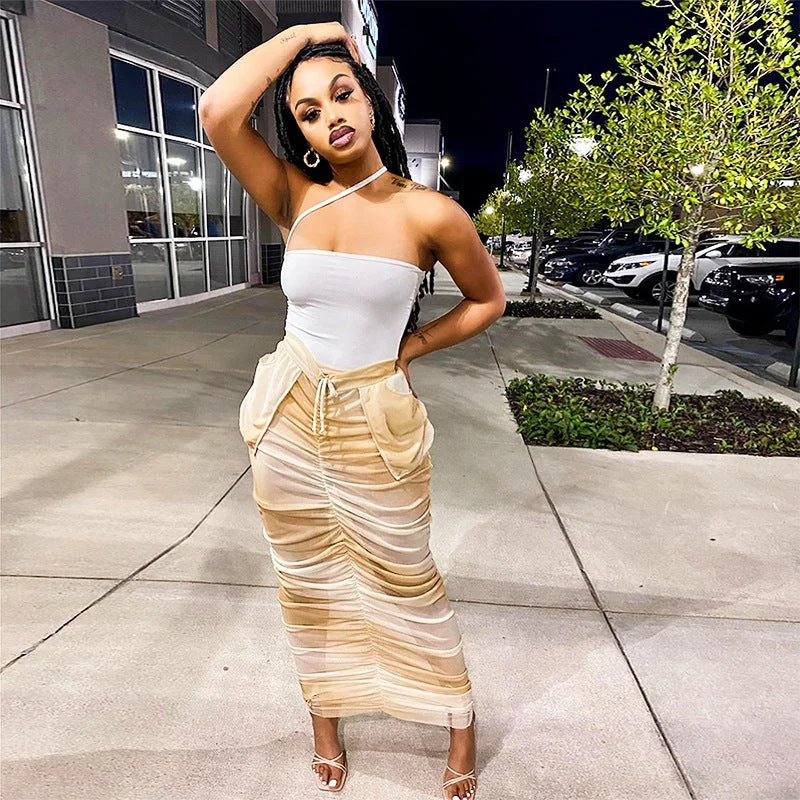 Today’s Deals, Tomorrow’s Regrets!Wholesale dropshipping agent beachwear mesh 2023 new arrivals ruched hot sexy maxi skirt