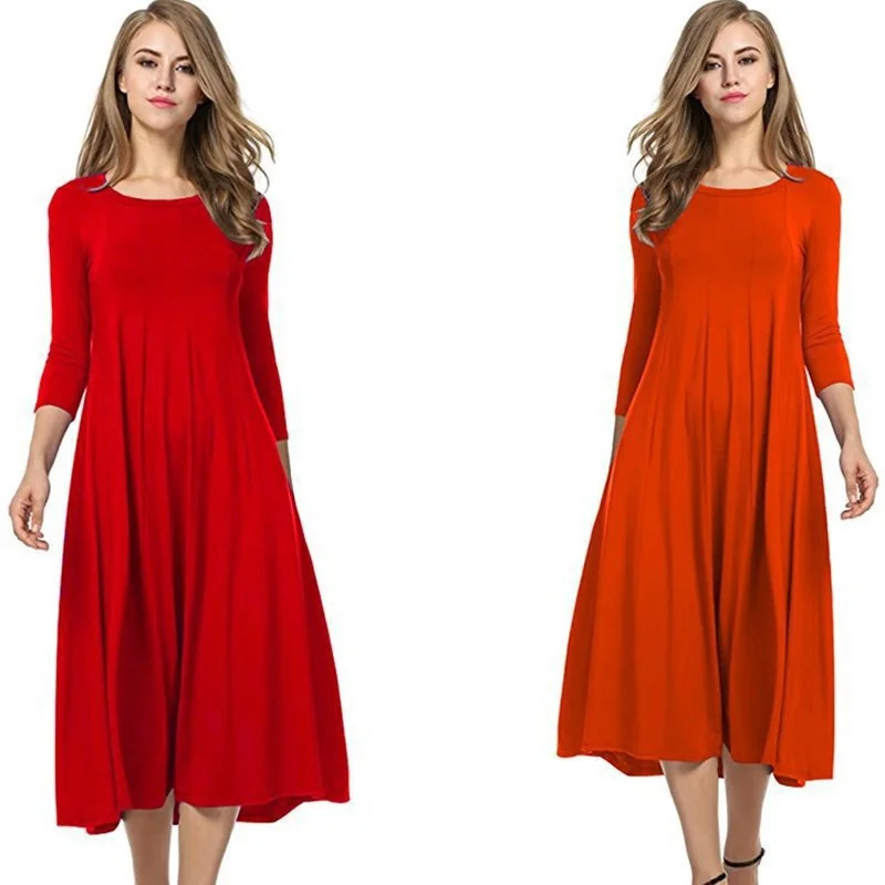 Shop Before It’s Gone!Autumn Women Round Neck Shirt Half Sleeve Solid Long Skirt Color Wide Hem Dress