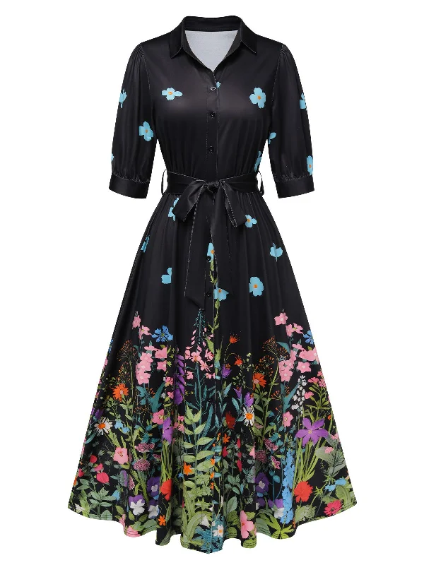 Your Shopping Spree Starts Here!Black 1940s Floral Shirt Neck Belt Dress