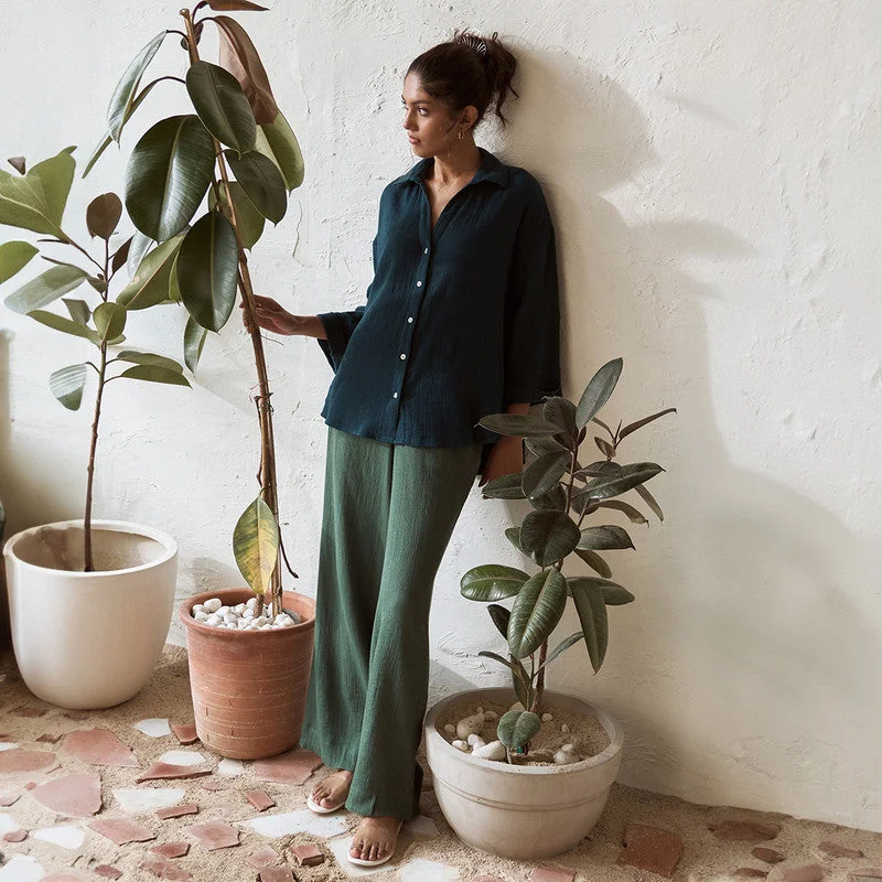 New Discounts Just Dropped!Cotton Solid Co Ord Set For Women | Shirt & Pant | Leafy Green