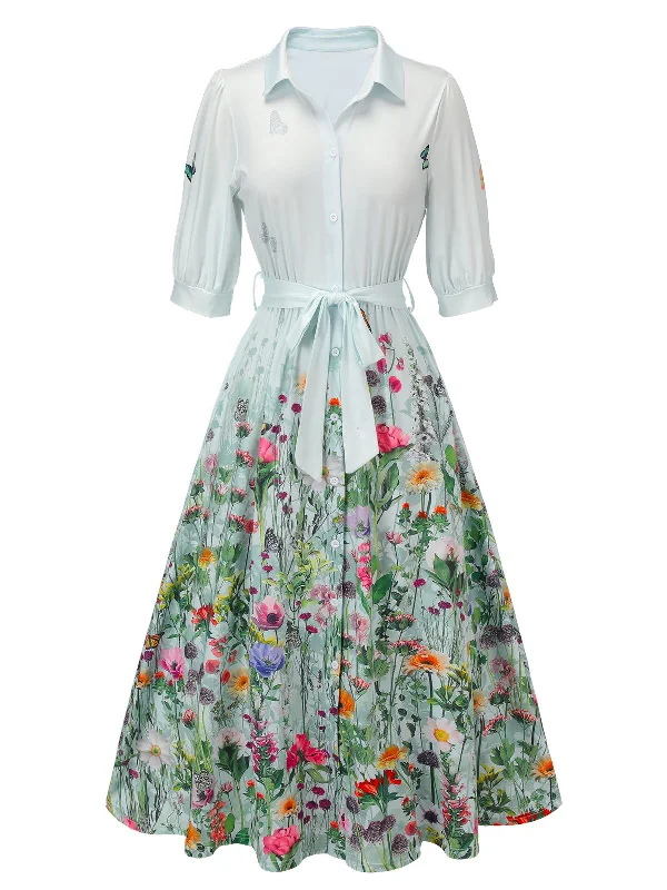 Don’t Wait – Shop Today!Light Blue 1940s Floral Shirt Neck Belt Dress