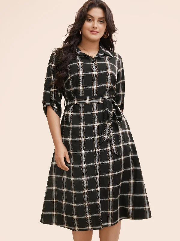 Find Your Perfect Deal Today!Plaid Shirt Collar Belted Tab Sleeve Dress