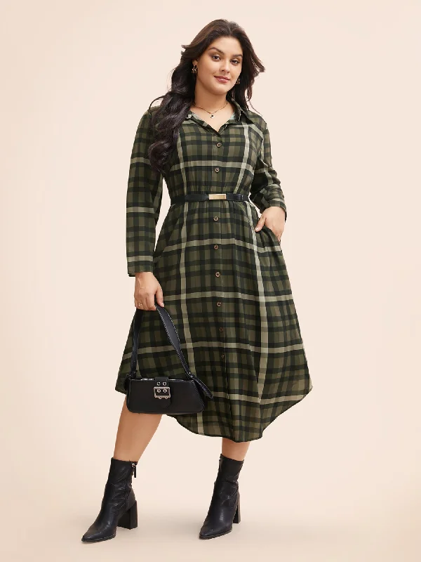 Get Ready to Save!Plaid Shirt Collar Curved Hem Dress