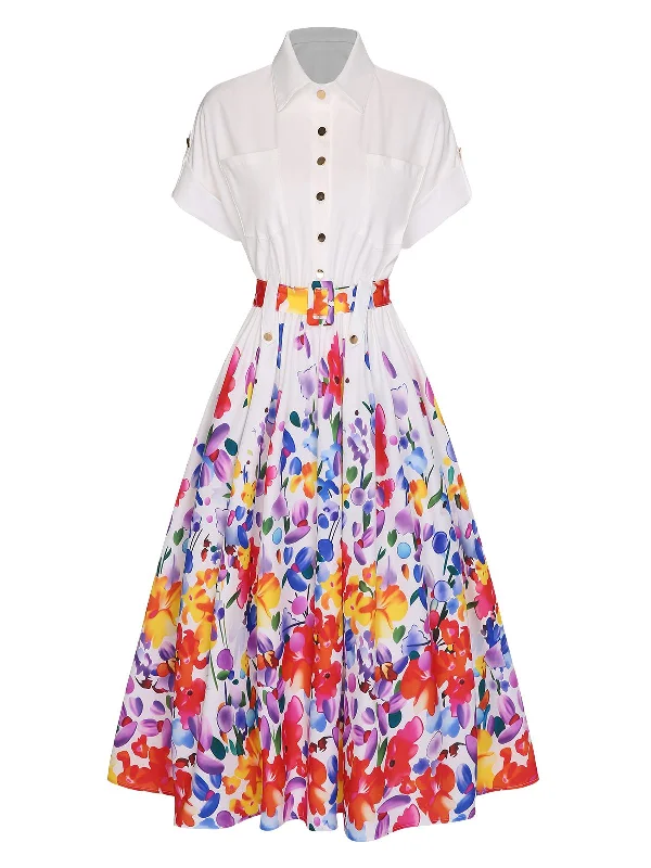 Bigger Savings, Better Shopping!White 1940s Floral Shirt Collar Belt Dress