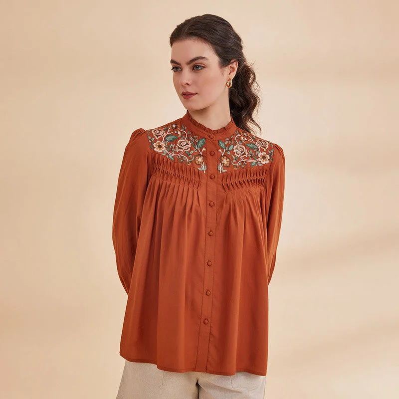 Biggest Sale of the Season!Embroidered Shirt for Women | Bamboo Bemberg | Rust | Full Sleeves