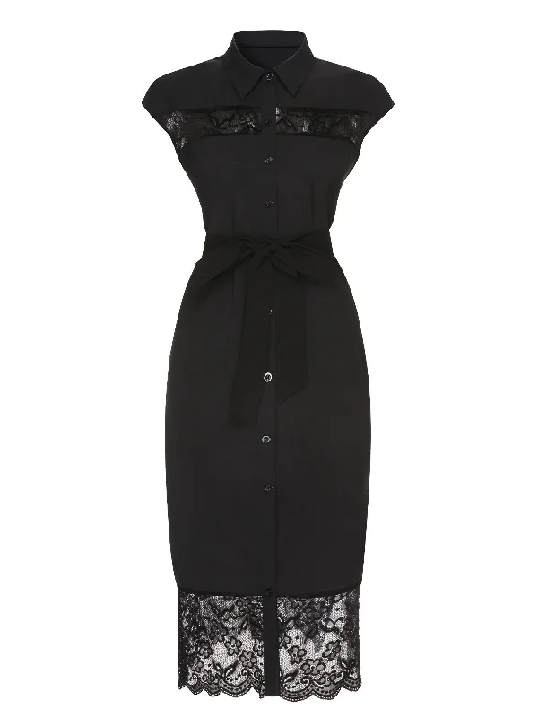 Grab Yours Before It’s Too Late!Black 1940s Solid Lace Shirt Collar Belted Dress